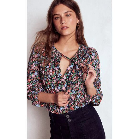 Boden Women's Black Floral Long Sleeve Georgia Smocked Jersey Top Size 12 Boho - Picture 1 of 9